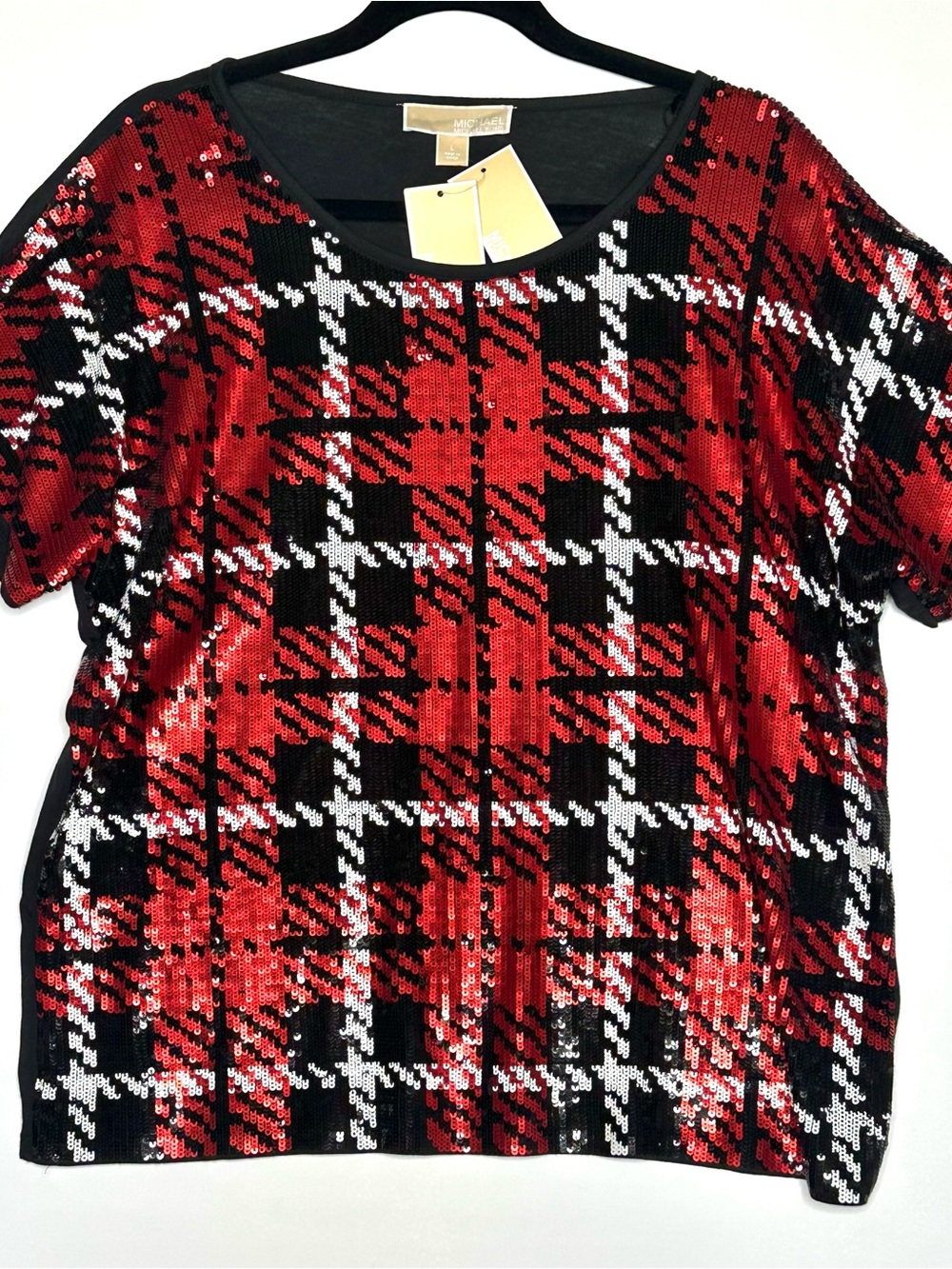 Michael Kors Red Black White Sequin Plaid Short Sleeve Tee NWT